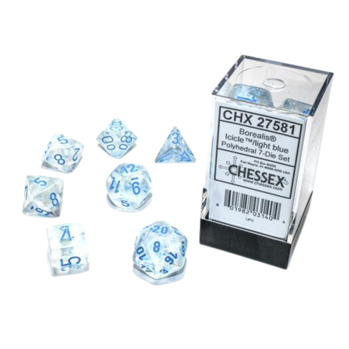 Chessex -Borealis Polyhedral Icicle/Light Blue Luminary 7-Würfelset - cardcosmos