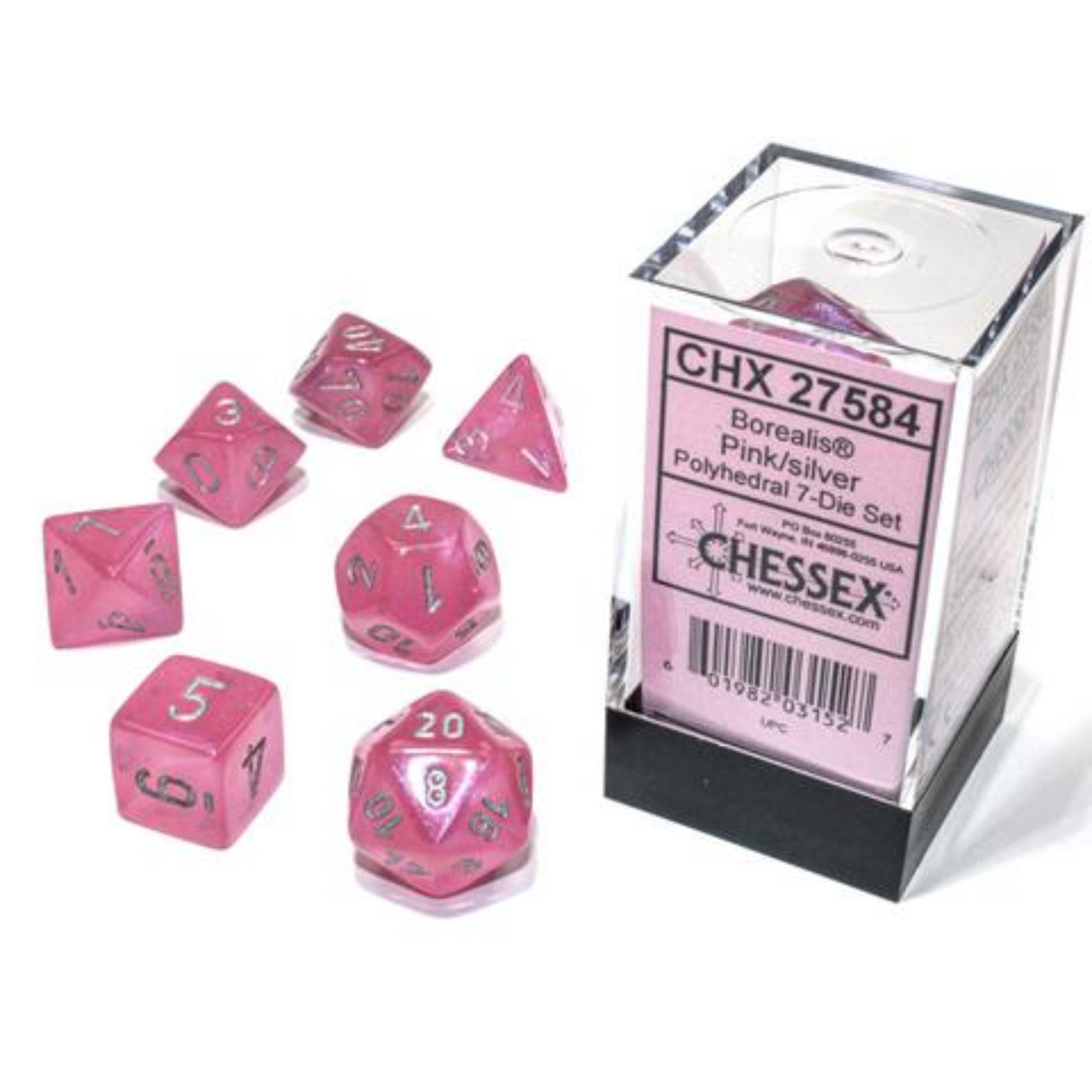 Chessex - Borealis Polyhedral Pink/silver Luminary 7-Würfelset - cardcosmos