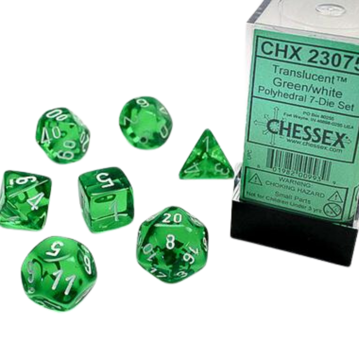 Chessex - Green w/white Translucent Polyhedral 7-Würfelset - cardcosmos