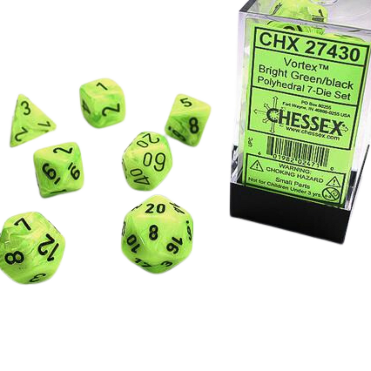 Chessex - Vortex Bright Green w/black Signature Polyhedral 7-Würfelset - cardcosmos
