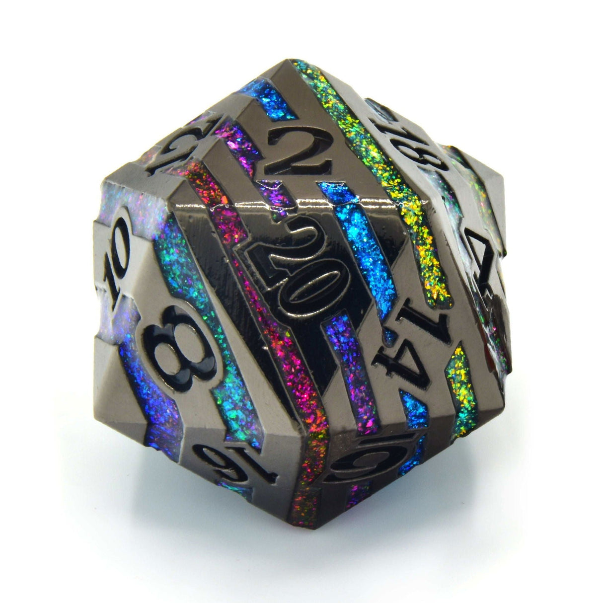Glassstaff - Rainbow Rift 33mm Metal D20 - CritStones Dice - cardcosmos