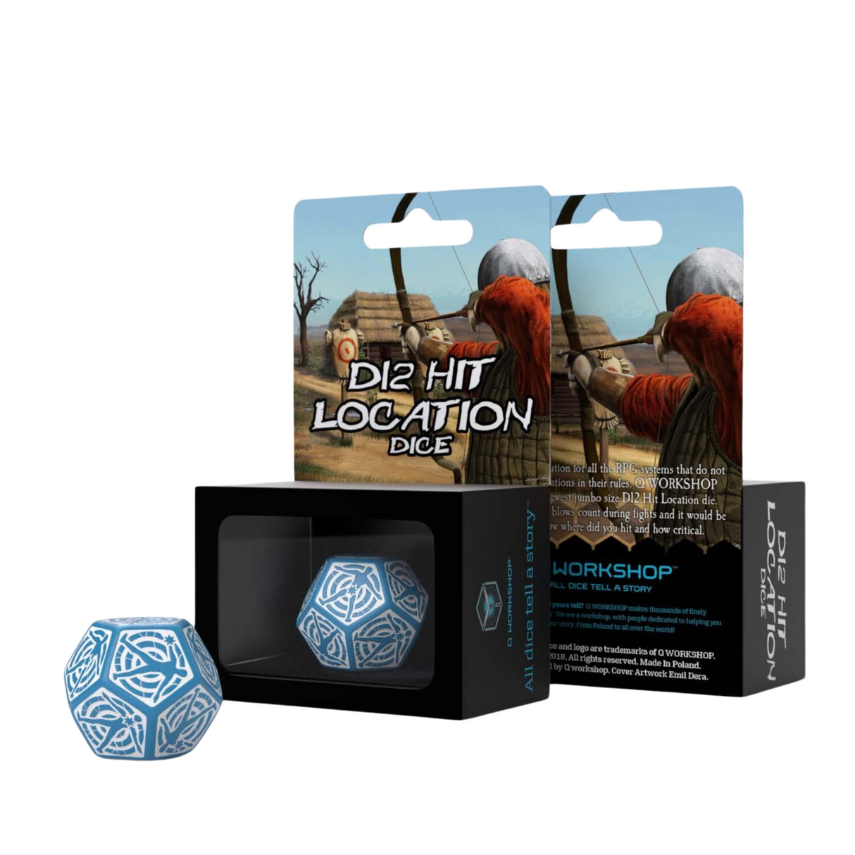 Q Workshop - D12 Hit Location Blue & white dice - cardcosmos